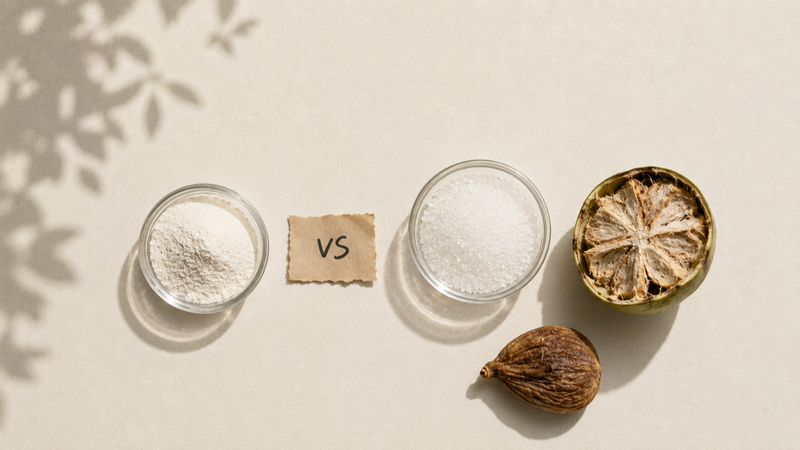 Two ceramic dishes side by side: fine white sucralose powder left, coarse allulose crystals with a halved fresh monk fruit right.