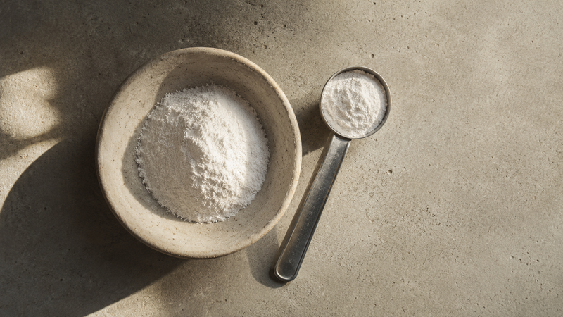White creatine monohydrate powder in a small ceramic dish beside a stainless steel measuring spoon.