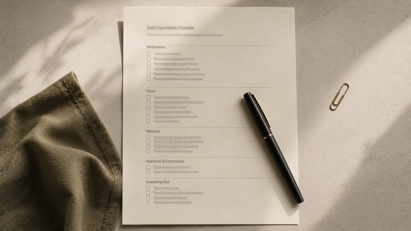 A cream cardstock checklist with a fine black pen and an olive linen napkin, editorial buyer's guide still life.