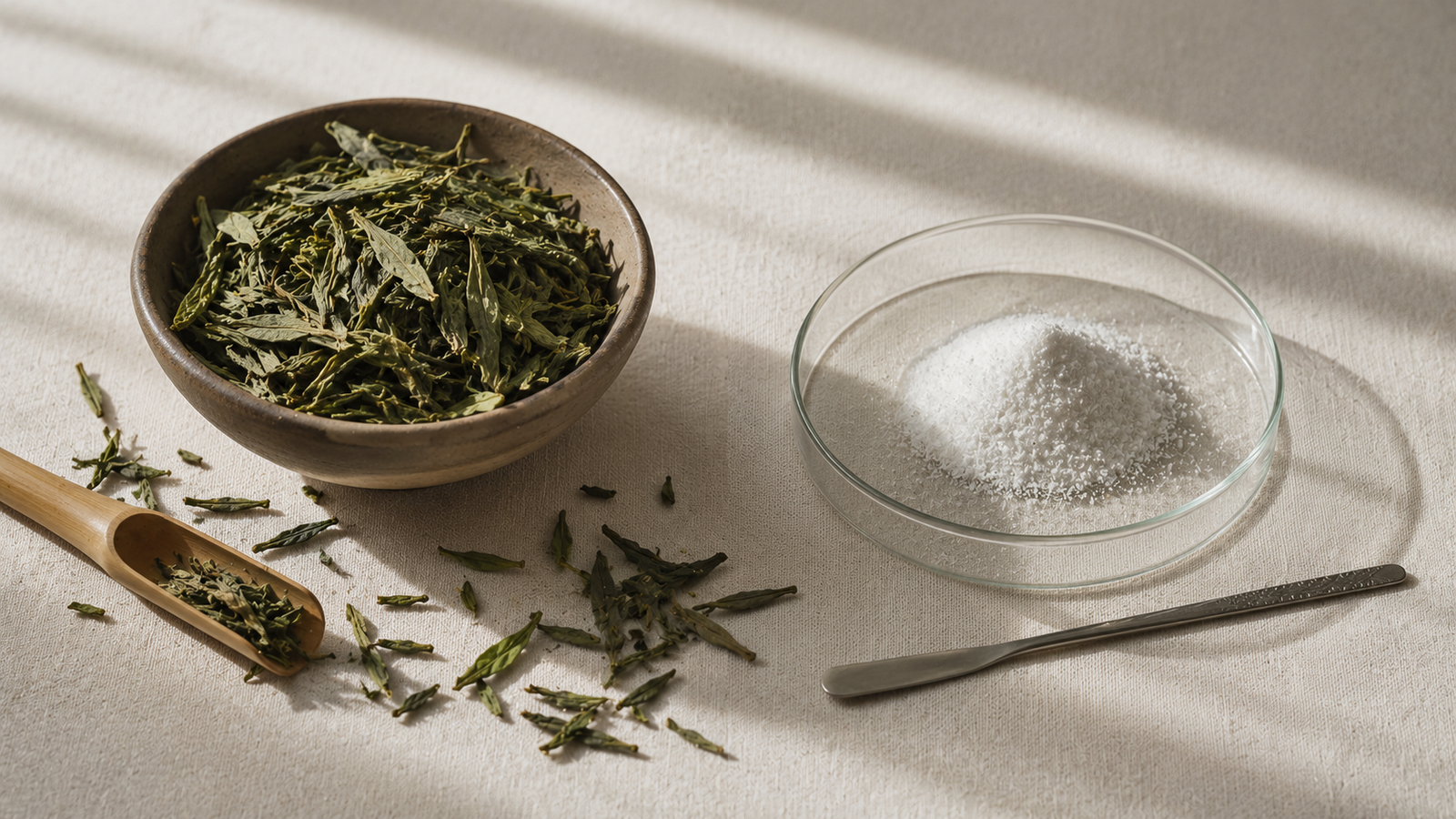 Fresh green tea leaves beside a small dish of crystalline caffeine powder, a side-by-side ingredient study.