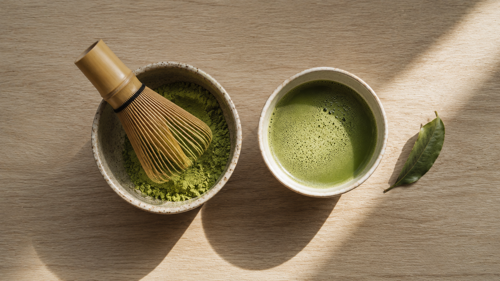 A ceramic bowl of matcha powder with a bamboo whisk and a small cup of prepared matcha on an oak surface.