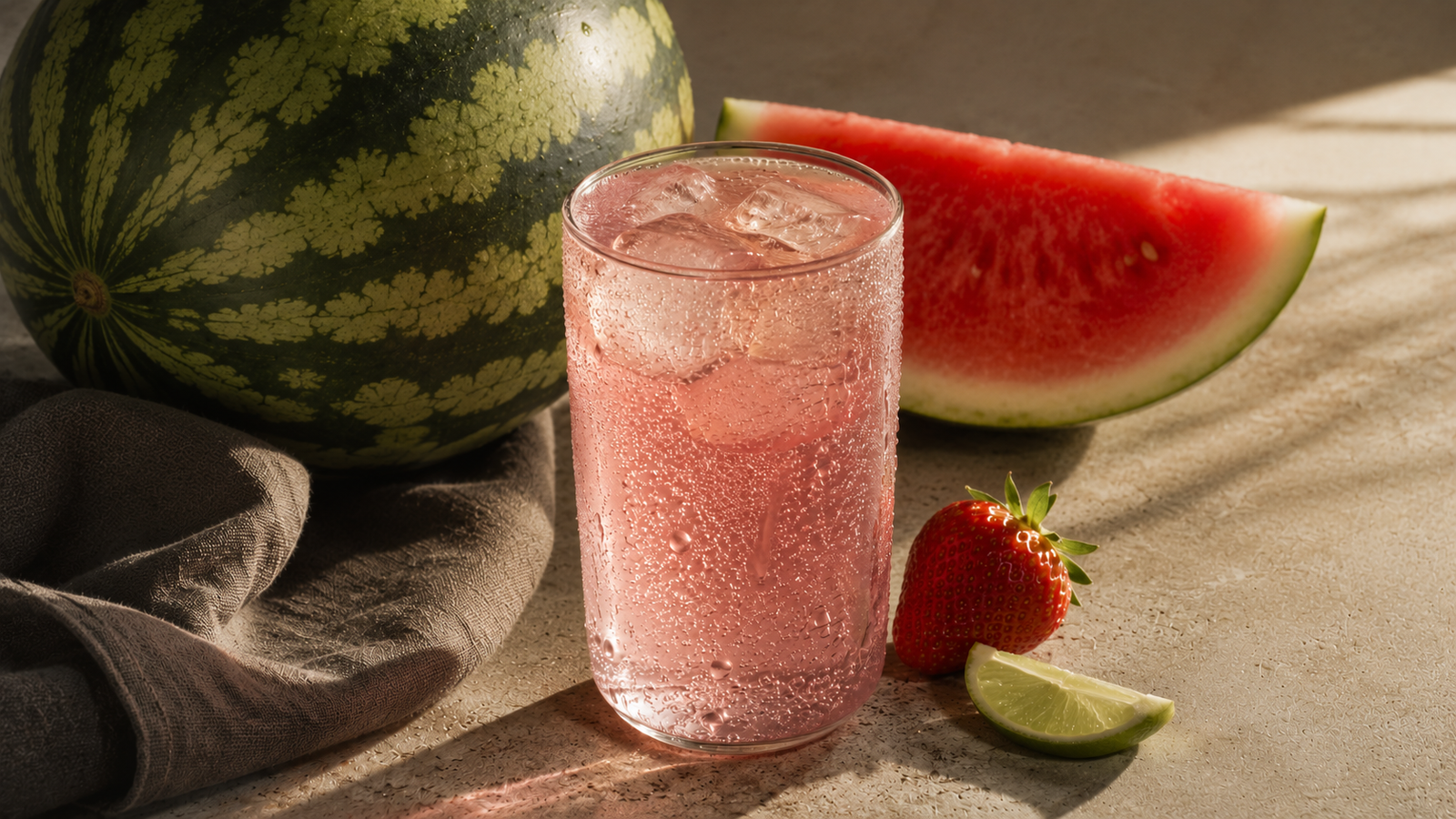 A tall clear glass of pink strawberry watermelon lime seltzer with condensation, on a matte concrete surface.