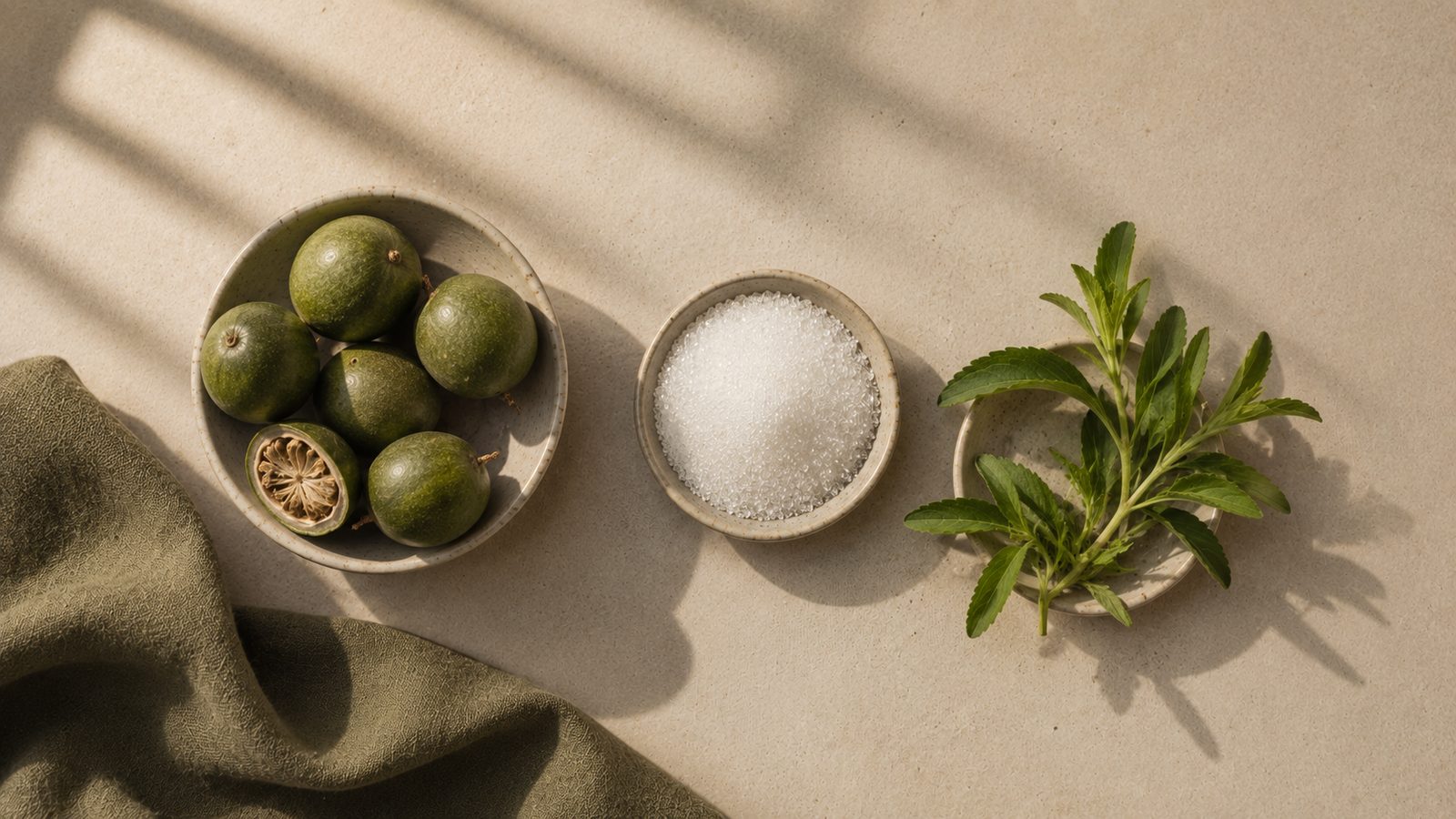 Fresh monk fruit, allulose crystals, and stevia leaves in small ceramic dishes on a warm paper surface.