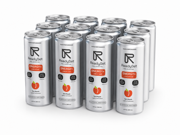 ReadySet Energy+ 12-pack of creatine energy drink cans, Tart Peach flavor, clean energy with natural caffeine